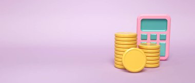 Hesap makinesi ve bozuk paralarla mali hesaplama teması - 3d oluşturma