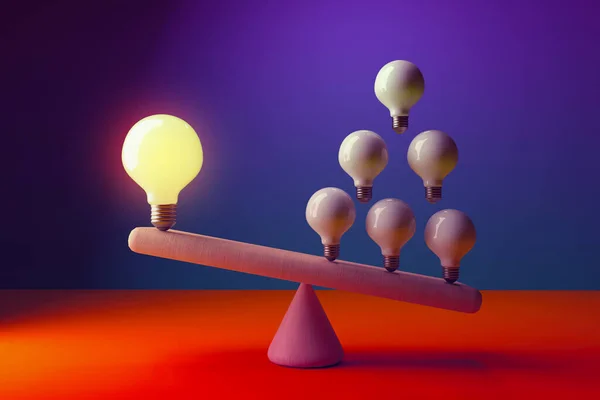 Many ideas versus one big idea with light bulbs - 3D render