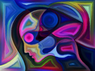 İnsan kafalarının renkli tasarımı boyalı cam desenleri anımsatıyor..