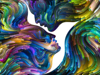 Love serisi kuş. Tuval renkli swirls ve negatif alan erkek şekillendirme, kadın profilleri ve kuş profilleri ilişki, sanat ve aşk konusunda.