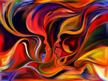 Flight of Love serisi. İlişkiler, tutku, arzu ve kader konularında zarif kıvrımlı kadın ve erkek yüz profillerinin etkileşimi