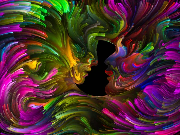 Серия Водовороты Судьбы Абстрактное Взаимодействие Ярких Красок Мужских Женских Профилей — стоковое фото