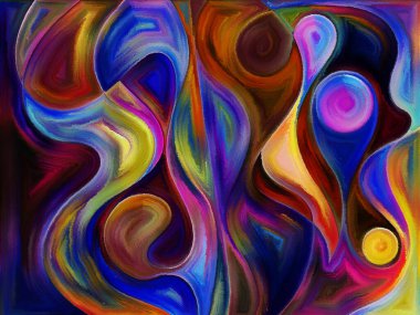 Akışkan soyut formlar suluboya ve boyalı camları andıran canlı boya sanatı tarzında uygulanır.