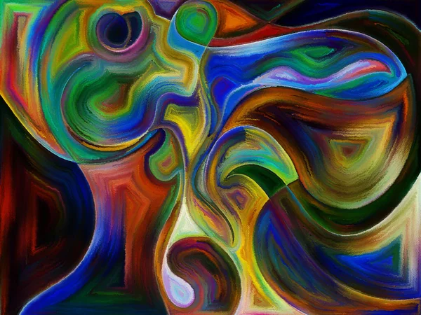 Akışkan soyut formlar suluboya ve boyalı camları andıran canlı boya sanatı tarzında uygulanır.