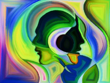 İnsan kafalarının renkli tasarımı boyalı cam desenleri anımsatıyor..