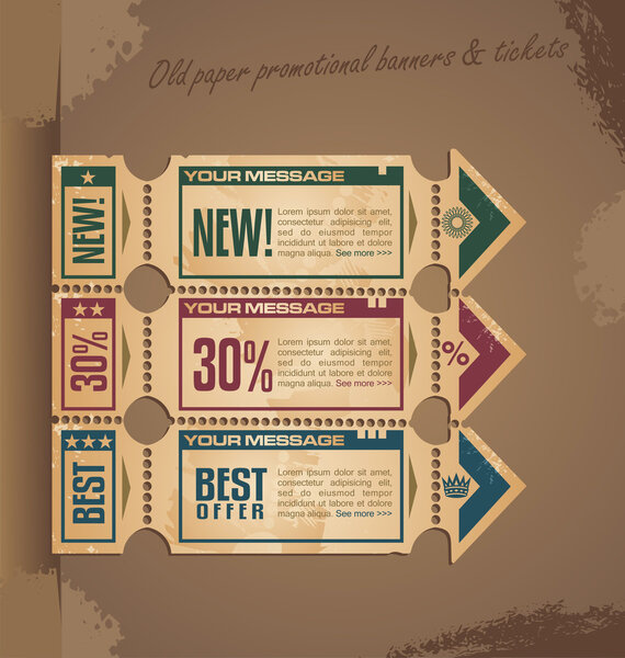 Old paper vintage banner design with tickets and coupons