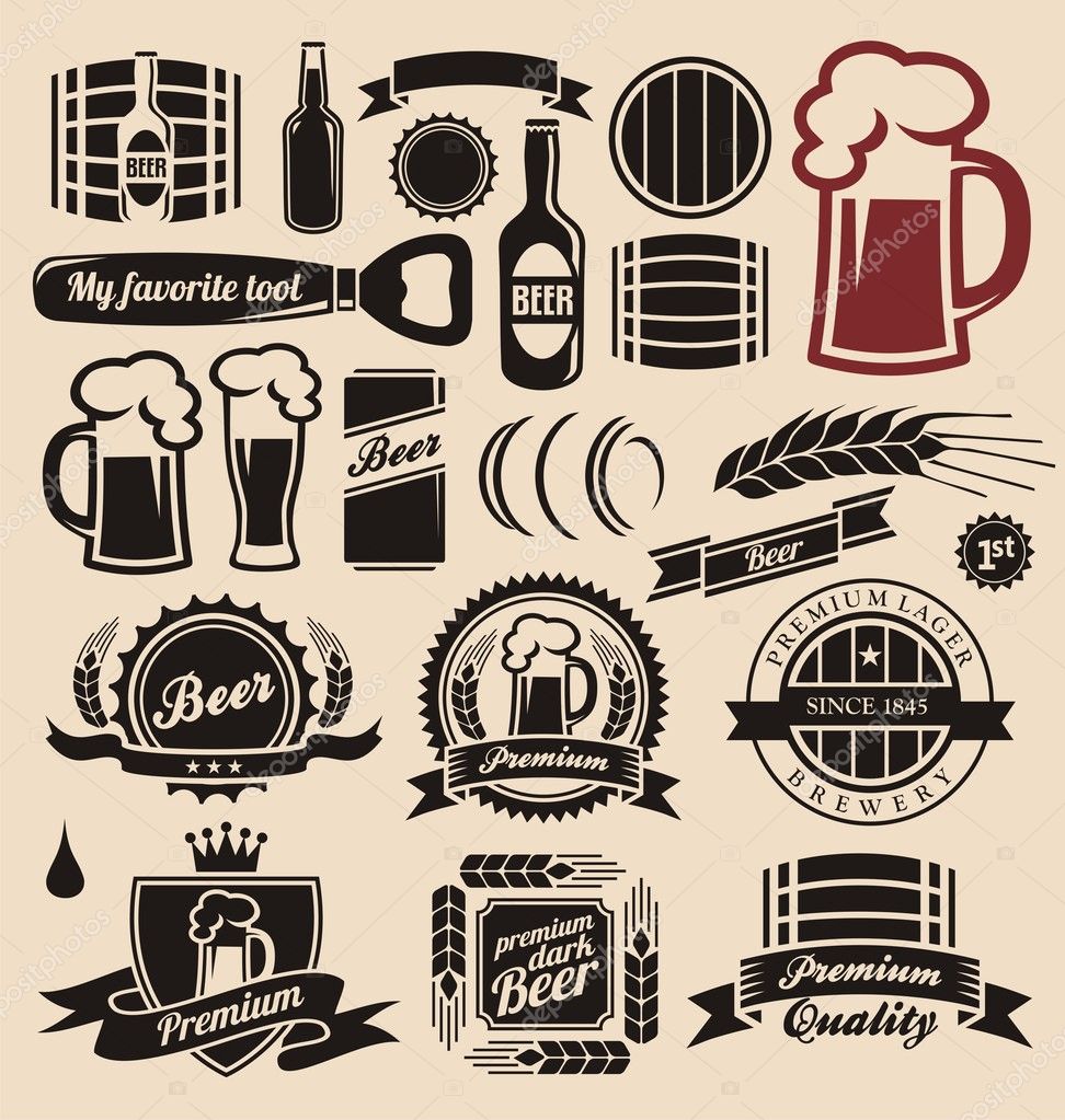 Beer icons, labels, signs, logo designs and design elements