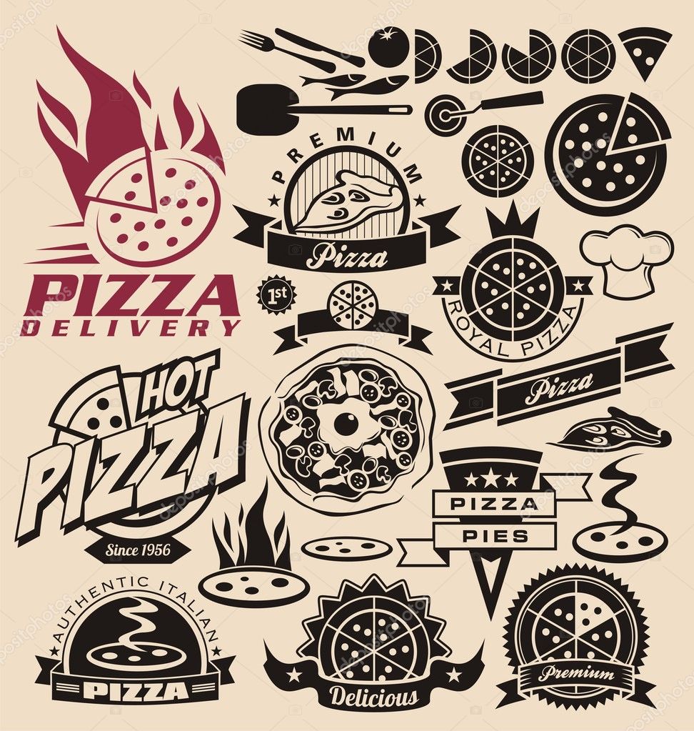 Pizza icons, labels, signs, logo designs and design elements