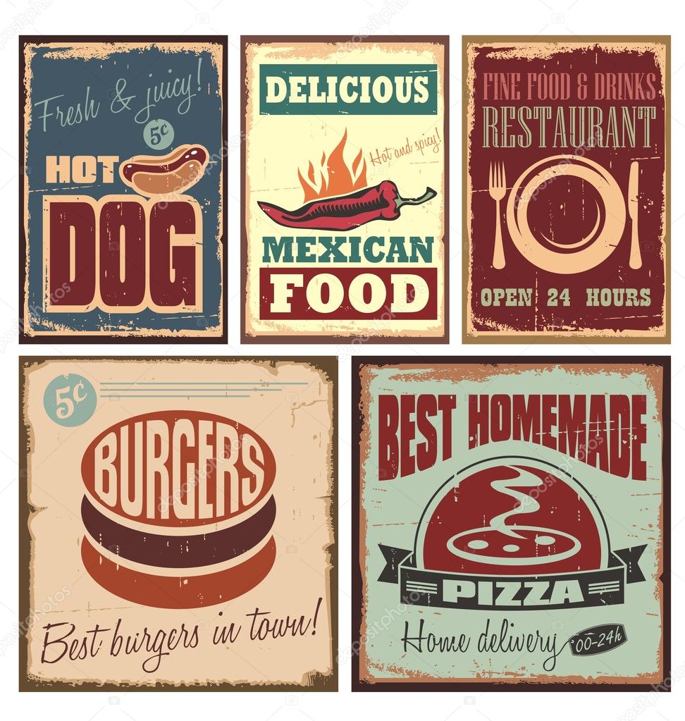 Vintage style metal signs and retro posters for hotdog, pizza, burgers, restaurant and Mexican food