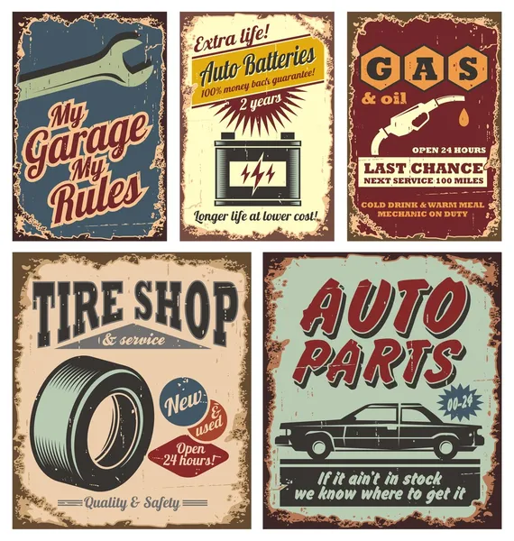 Vintage auto metalen borden en affiches — Stockvector