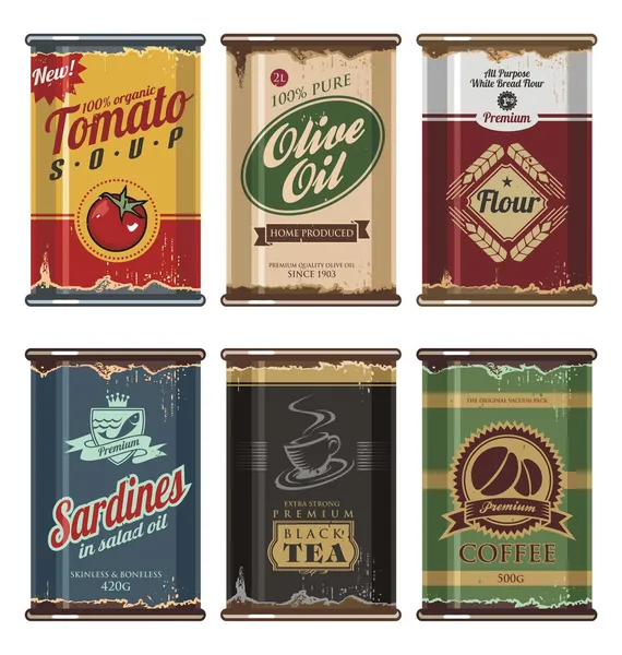 Recolección de vectores de latas de comida retro — Archivo Imágenes Vectoriales