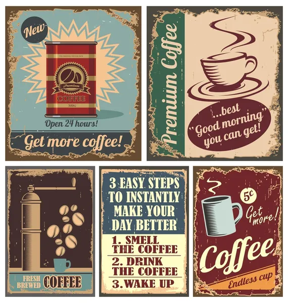 Vintage-Kaffee-Poster und Metallschilder — Stockvektor