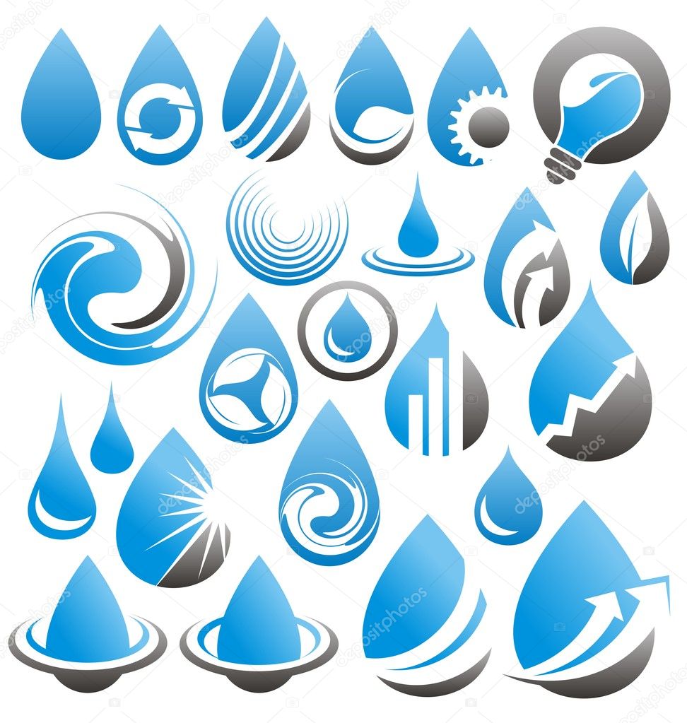 Set of water drops icons, symbols, logos and design elements. Abstract collection of water designs and graphics.