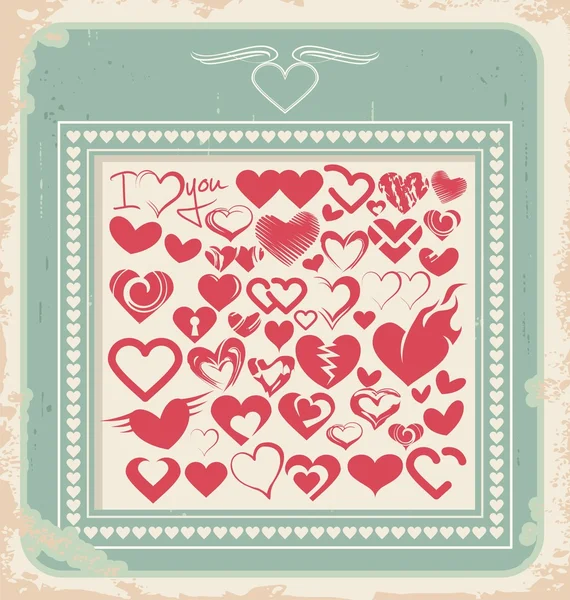 Cartel retro con iconos del corazón para el día de San Valentín — Vector de stock