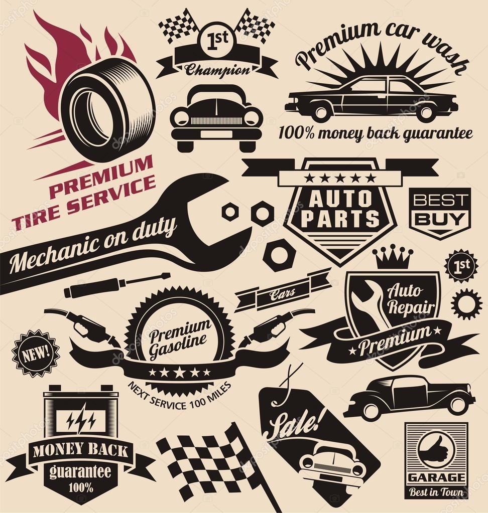 Vector set of vintage car symbols. Car service and car sale retro labels and icons. Vintage collection of car related signs and symbols with various design elements, ribbons and emblems.