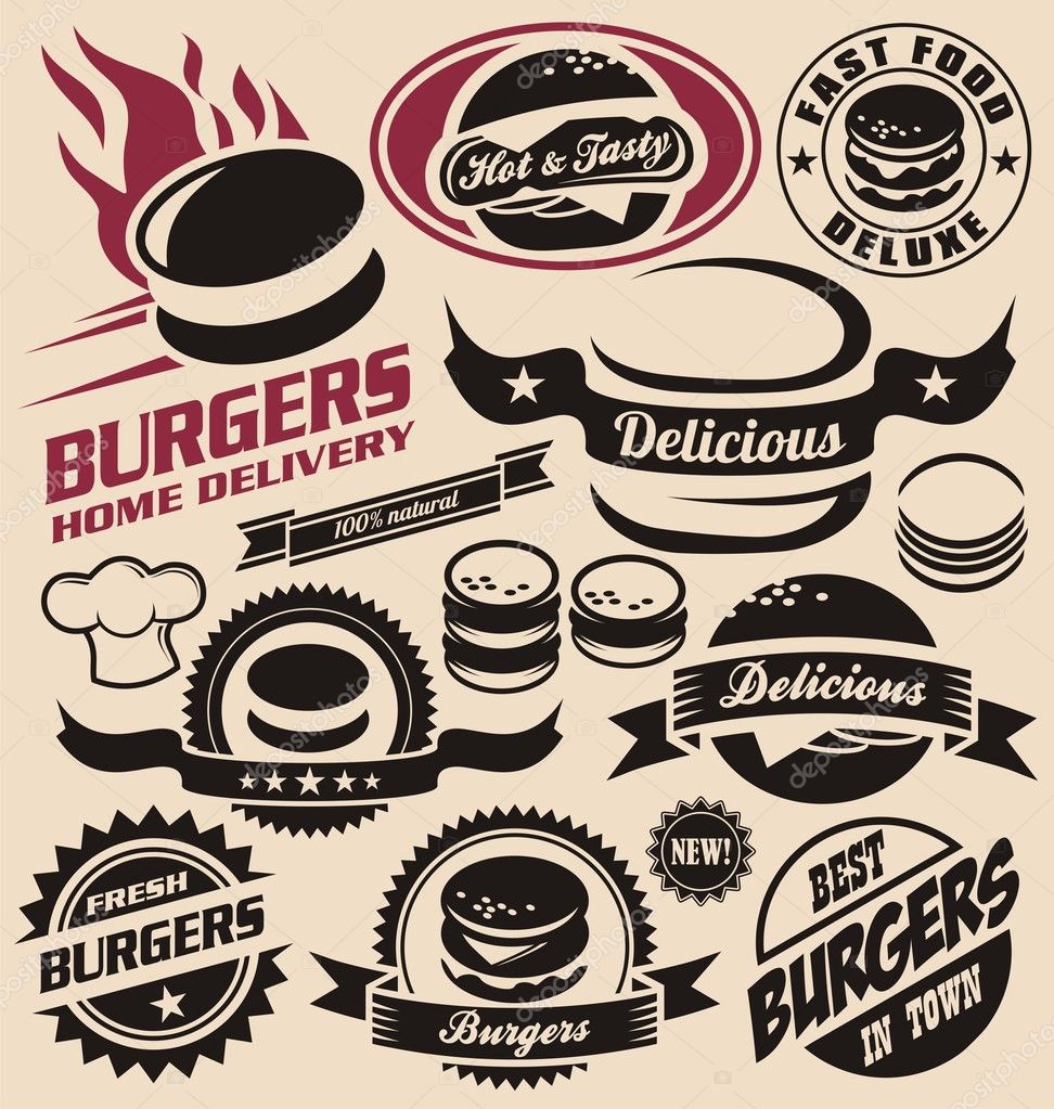Burger icons, labels, signs, symbols and design elements. Vector collection of fast food badges.