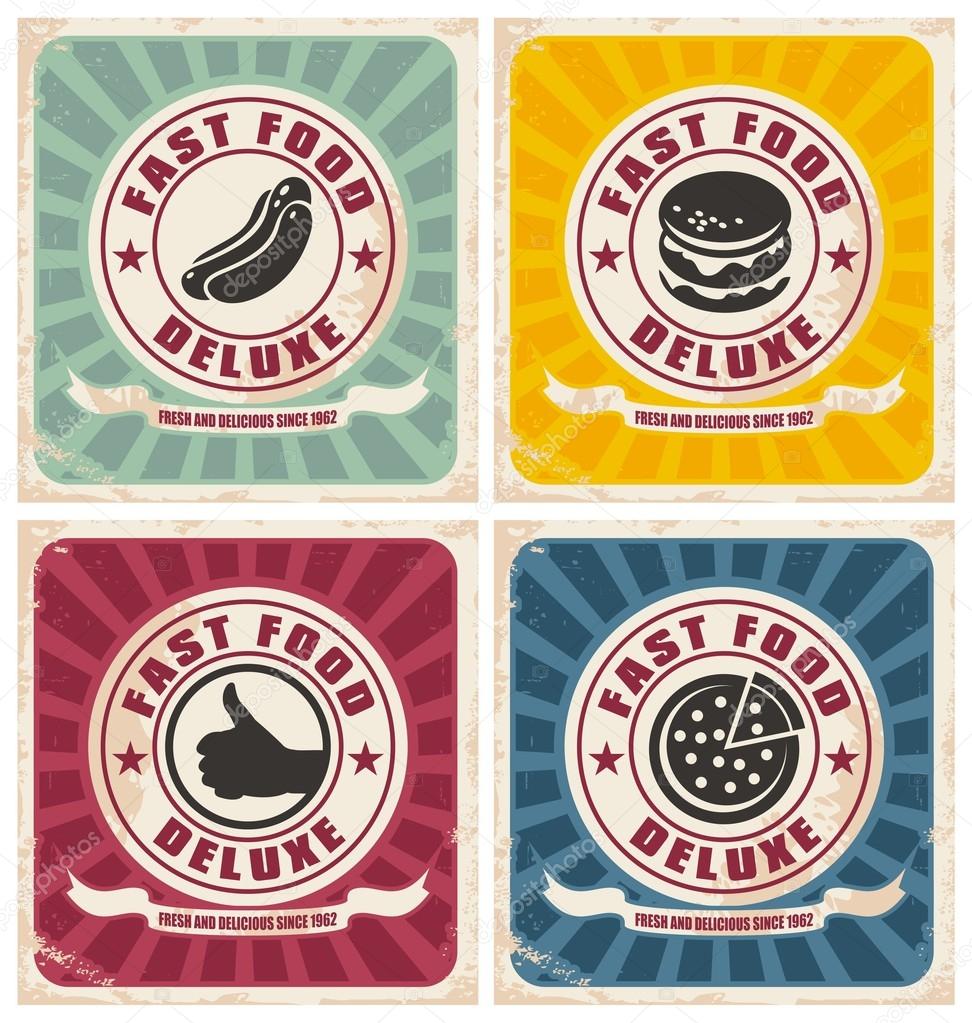 Vintage fast food posters collection / Set of vector signs with burger, hot dog and pizza / Retro grunge illustrations with food labels for restaurant or pizzeria