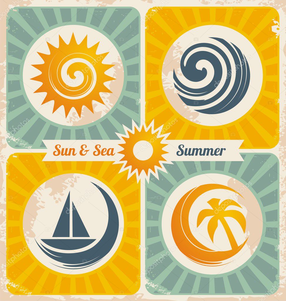 Retro travel poster with sun, sea, palm and sailboat graphics. Vintage vector graphic with travel design elements. Old paper texture with summer and holiday icons.