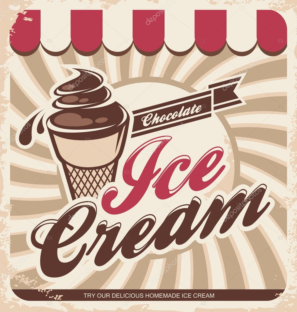 Retro ice cream poster. Vector illustration of vintage ice cream sign.