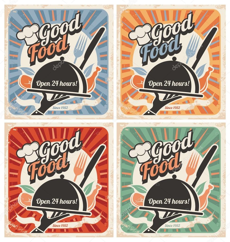 Set of retro restaurant posters. Vintage food vector backgrounds with chef hat, plate, fork and knife. Collection of meal and food old templates for restaurants.