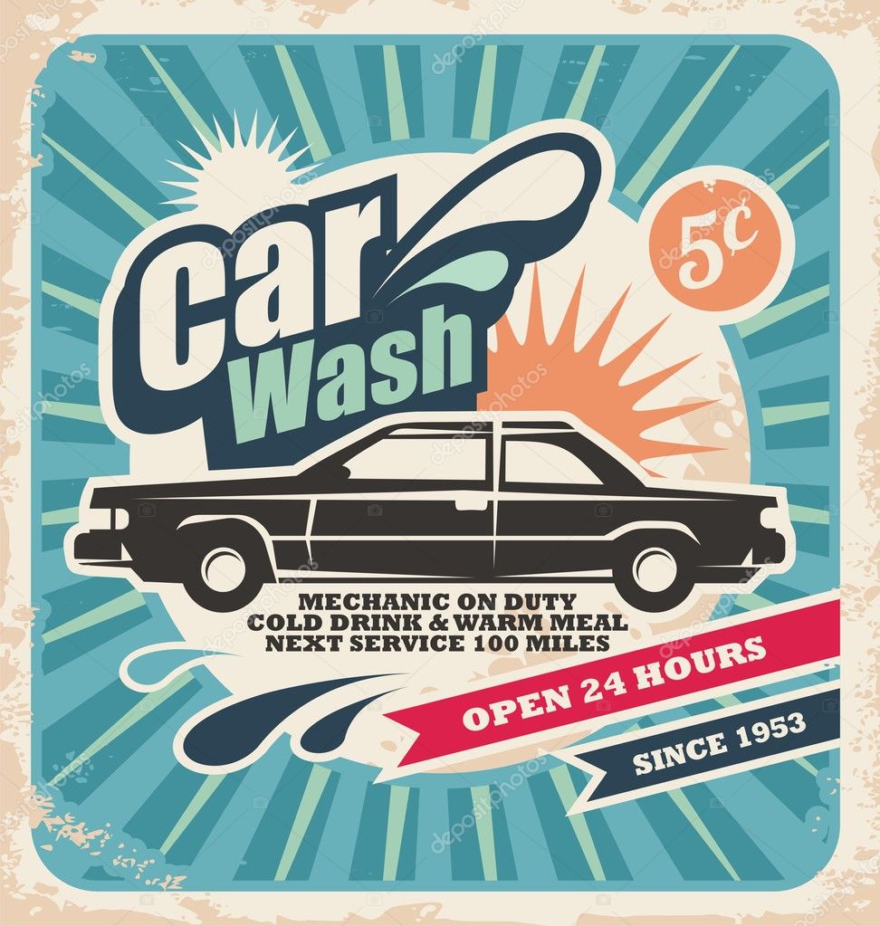 Retro car wash poster. Vector background with vintage car wash service design. Old fashioned advertising on old paper texture.