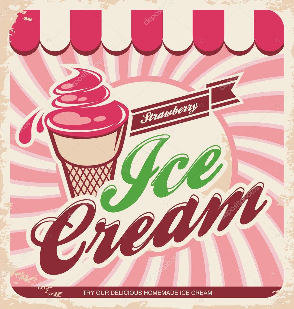 Retro ice cream poster. Vector illustration of vintage strawberry ice cream sign. Background template with delicious homemade cream