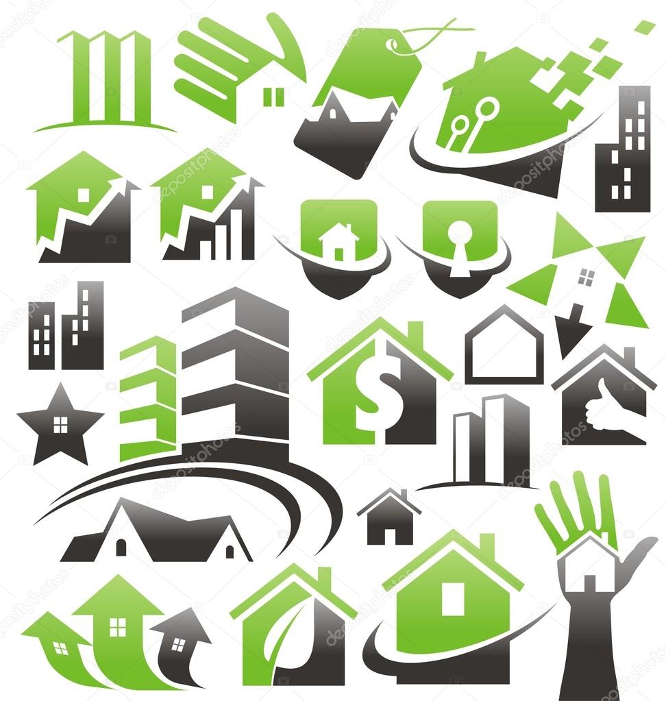 Set of house icons, symbols and signs. Vector collection with buildings design elements. Real estate, home security, home insurance design concepts. Home related business concepts and ideas.