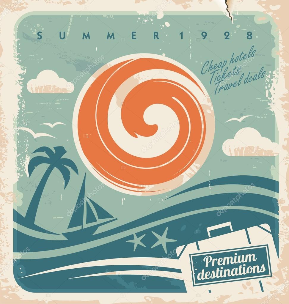 Vintage summer holiday poster. Vector template for travel agency. Retro hotel advertising background with old paper pattern.