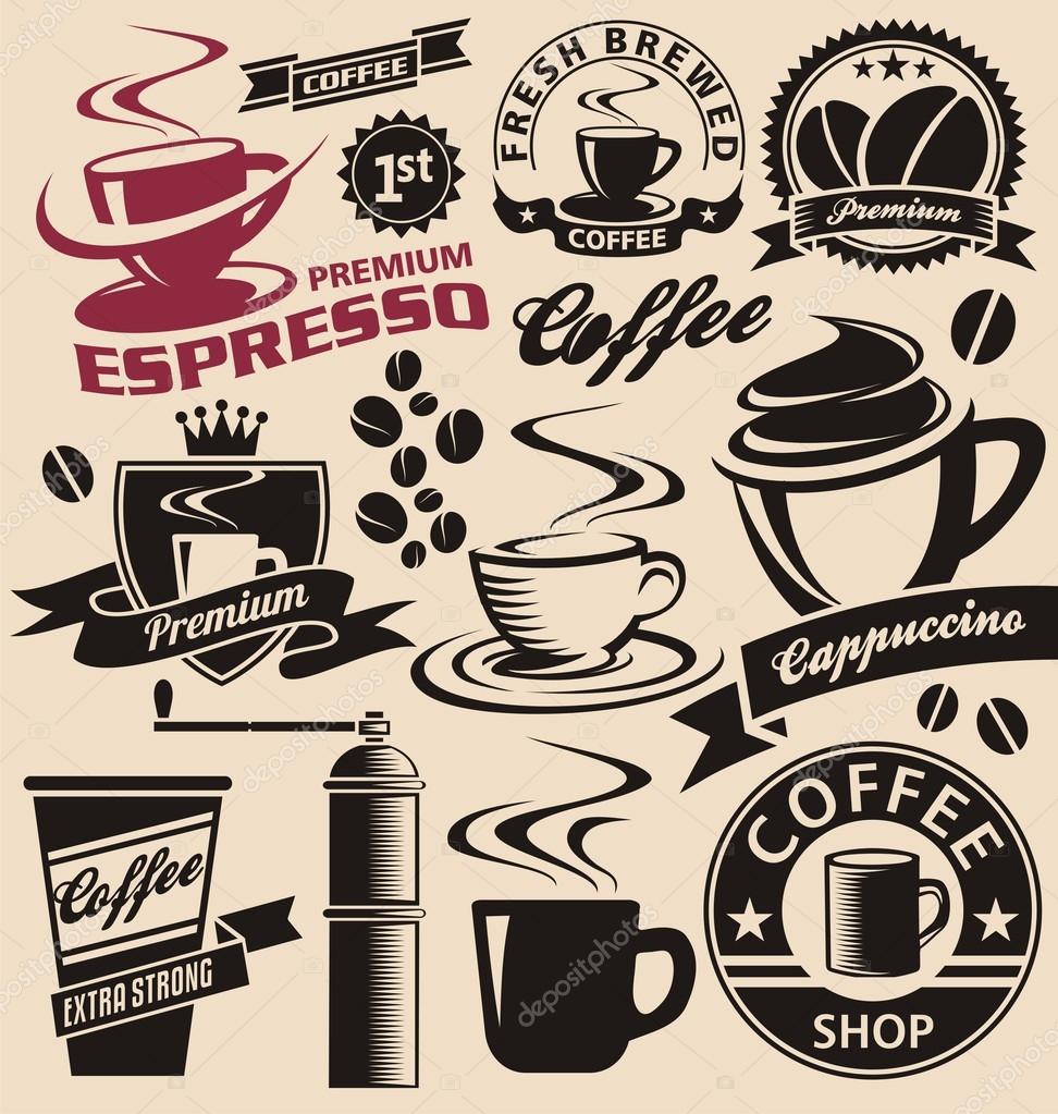 Coffee symbols and signs collection. Vector set of coffee design elements and icons. Vintage labels and badges with coffee cups and coffee beans.
