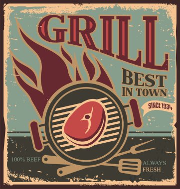 Retro Barbekü poster şablonu ile taze dana biftek