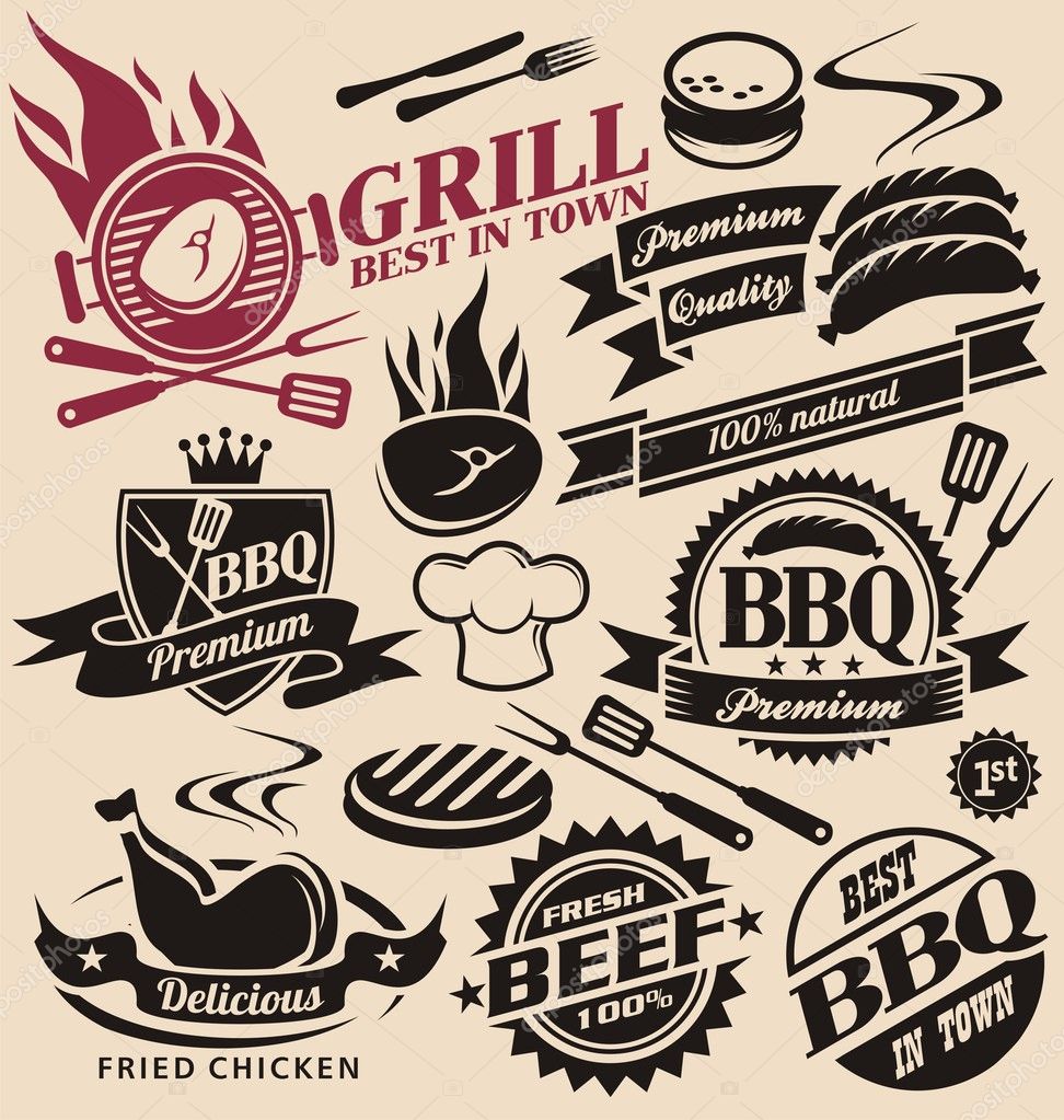 Collection of vector signs, symbols and icons. Set of grill design elements. Grill badges stickers and labels food set.