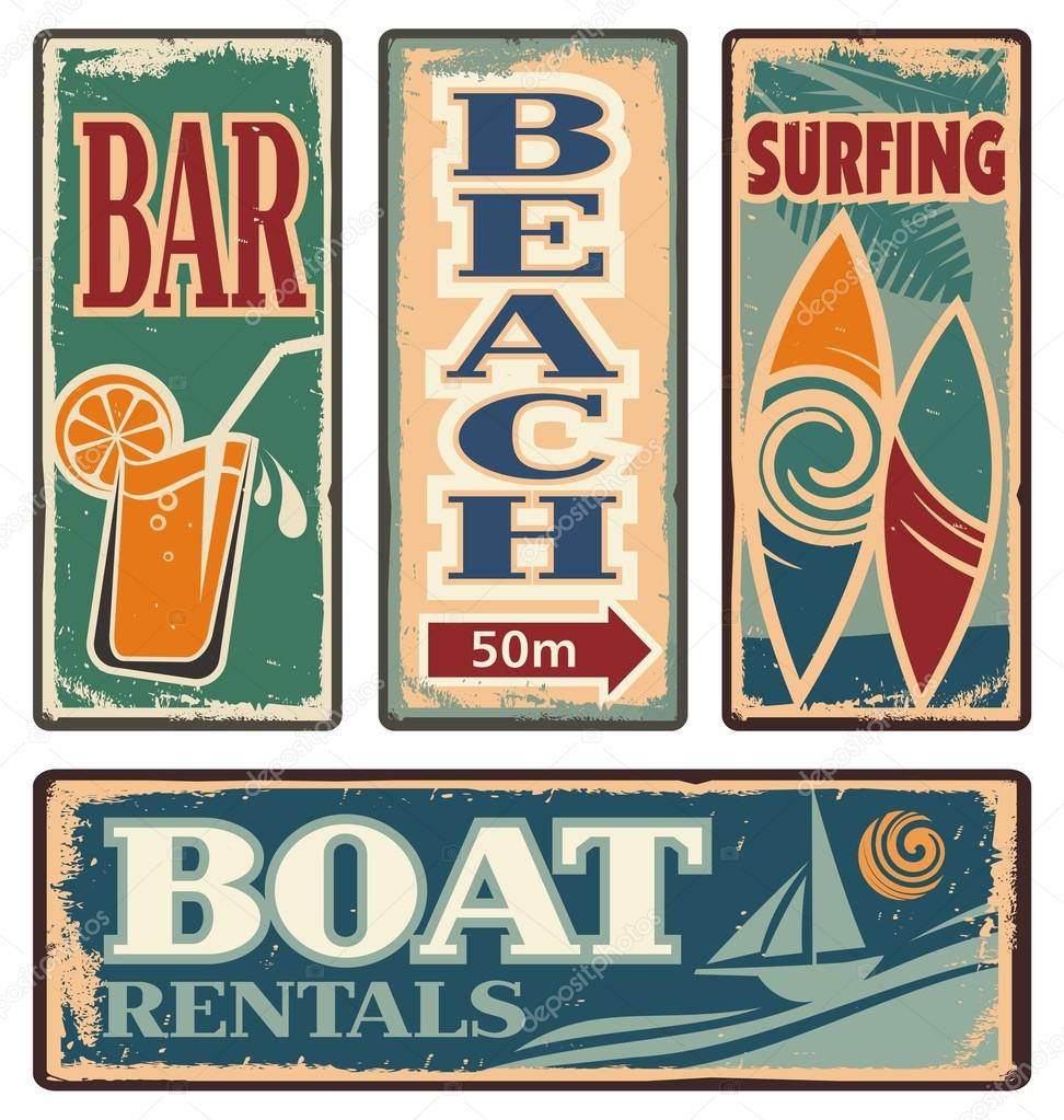 Set of beach vintage signs. Summer holiday vector collection. Retro vacation design elements and poster design templates.