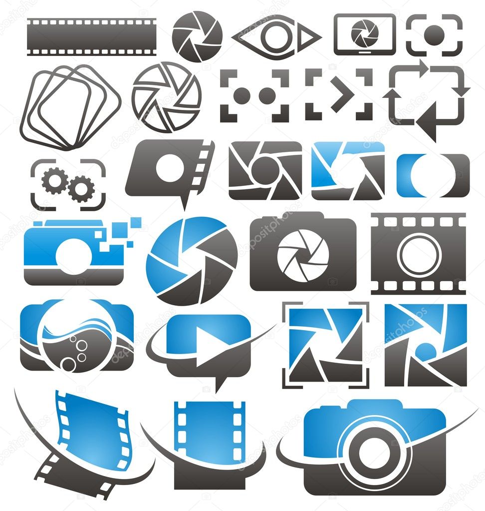 Set of vector photography and video icons, symbols and signs. Photo and camera design elements collection.