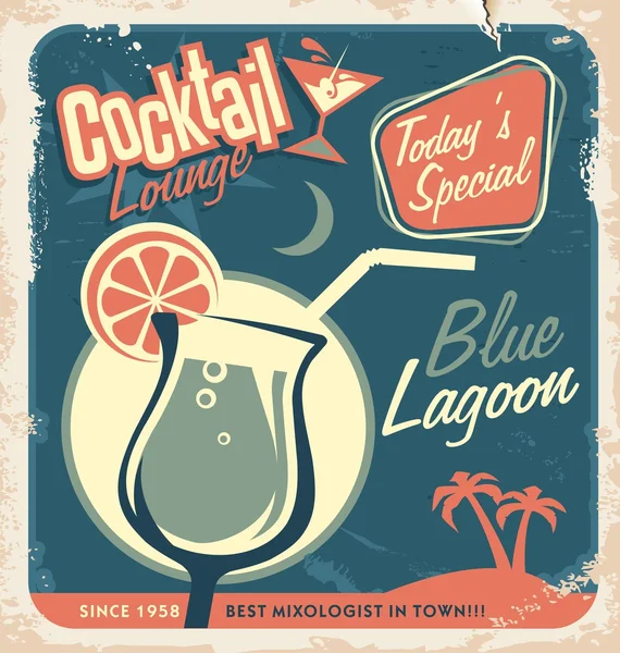 Affiche rétro promotionnelle pour l'un des cocktails les plus populaires Blue Lagoon — Image vectorielle