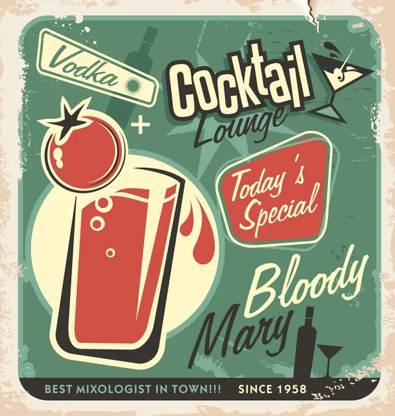 Diseño de póster retro promocional para uno de los cócteles más populares Bloody Mary — Archivo Imágenes Vectoriales