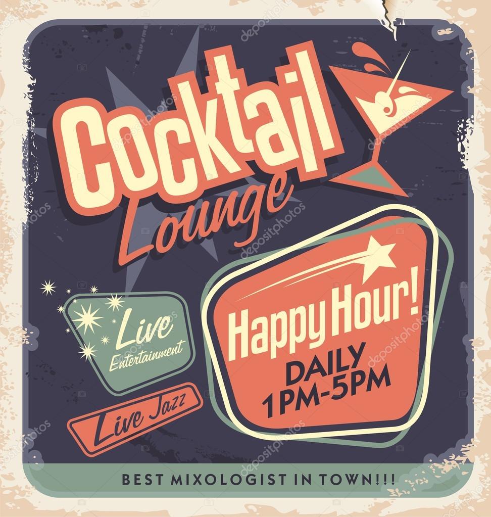 Retro poster design for cocktail lounge. Cocktail party vector concept. Vintage card design on old paper texture for bar or restaurant. Food and drink concept.