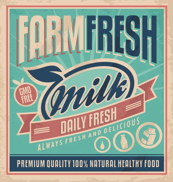 Plantilla de diseño de póster de leche fresca de granja retro — Archivo Imágenes Vectoriales