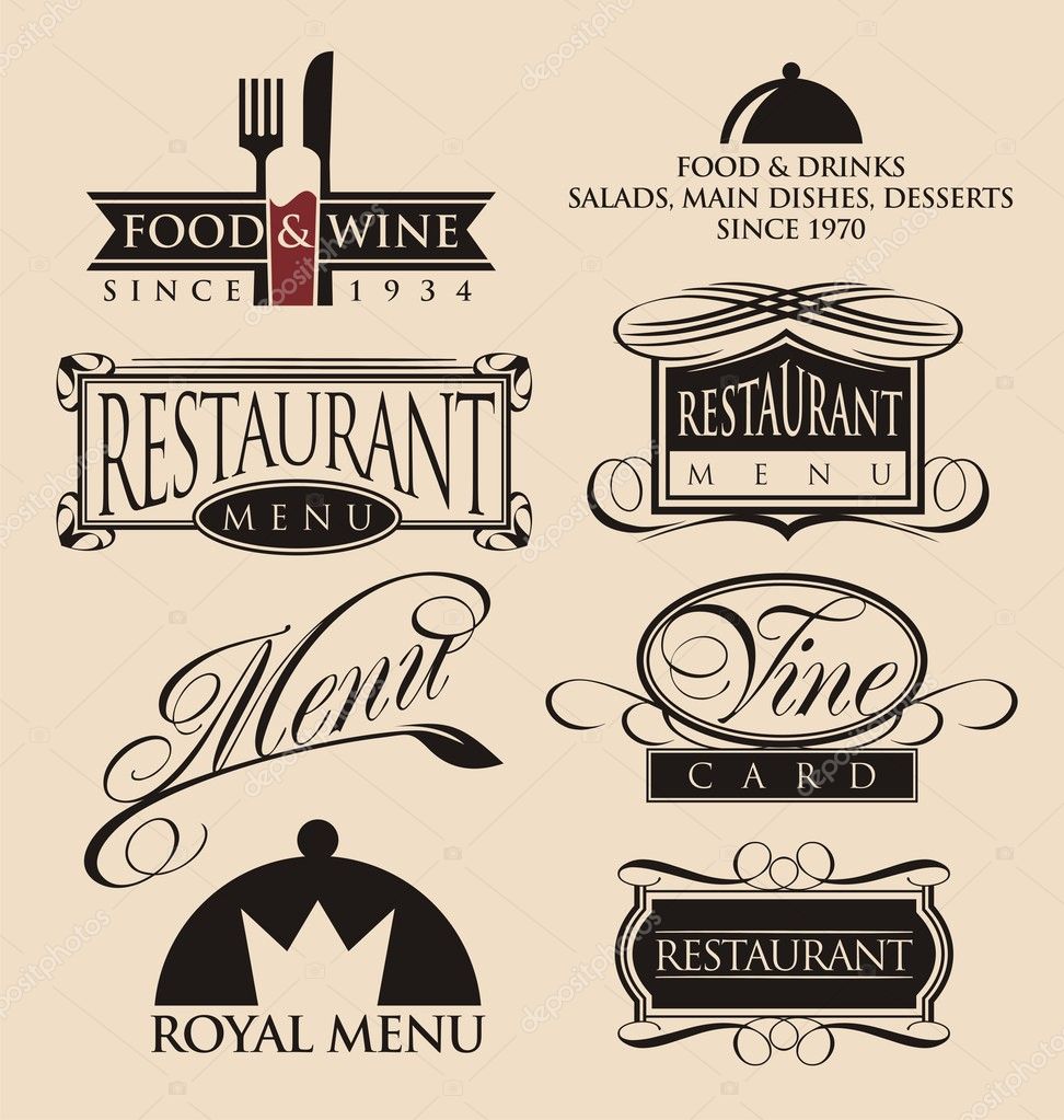 Vintage set of restaurant signs, symbols, logo elements and icons. Calligraphy decorations collection for restaurant menu.