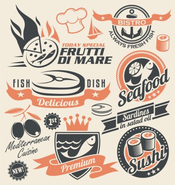 Set of seafood icons, symbols, logos and signs clipart