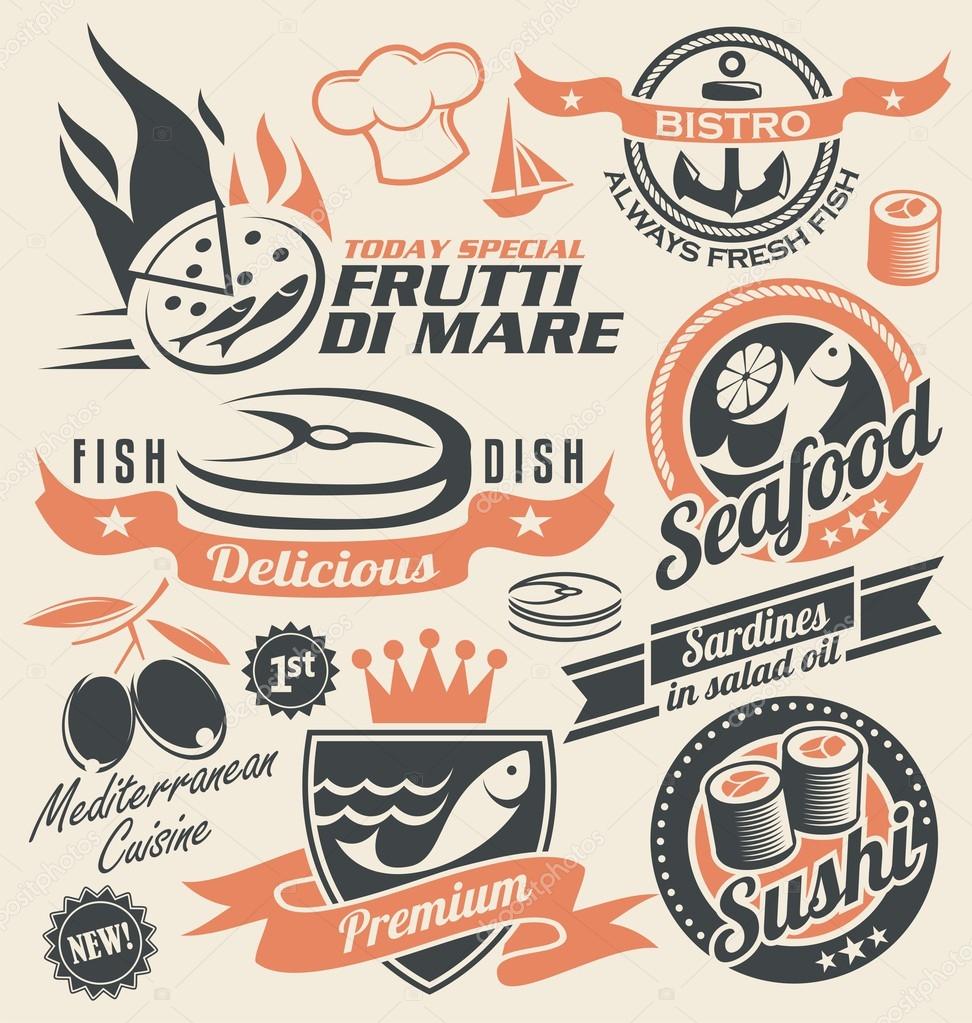 Retro design elements collection of badges, stickers and emblems for fish restaurant. Fresh and delicious food design concept.