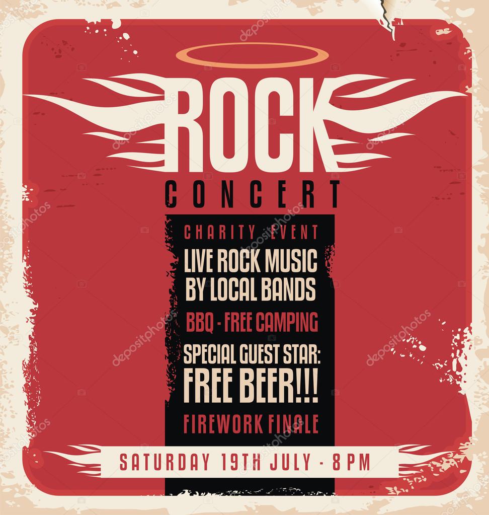 Rock concert retro poster design template on old paper texture.