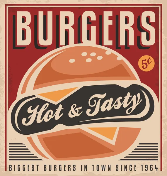 Diseño de póster retro promocional con hamburguesa caliente, sabrosa y deliciosa — Vector de stock