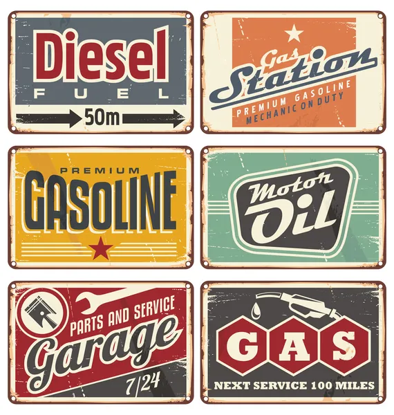 Benzin istasyonları ve araba servisi vintage işaretleri kalay — Stok Vektör