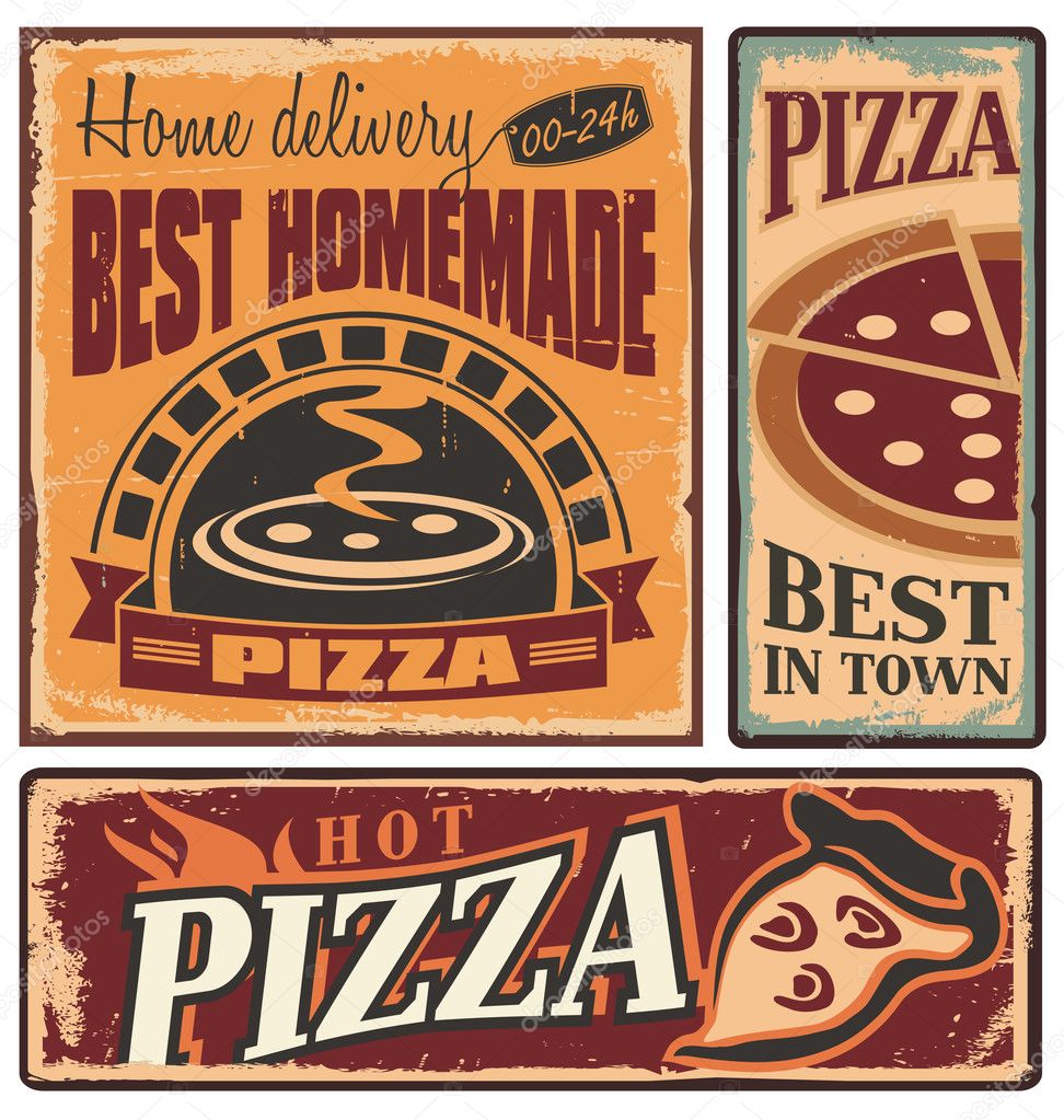 Retro metal signs set for pizzeria or Italian restaurant.