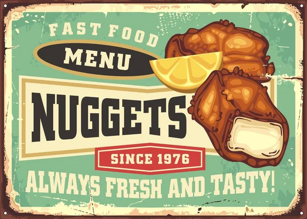 Fast food restoranı için tavuk nugget retro teneke tabela reklamı. Kızarmış et ve limon dilimli klasik tabela tasarımı. Kömürleşmiş et vektörü reklam panosu illüstrasyonu.