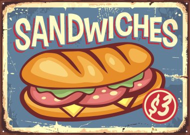 Fast food restoranı veya yemek servisi için sandviç reklamı. Rulo ekmek, salam, peynir ve marul vektör illüstrasyonlu sandviç. Gıda işareti klasik şablonu.