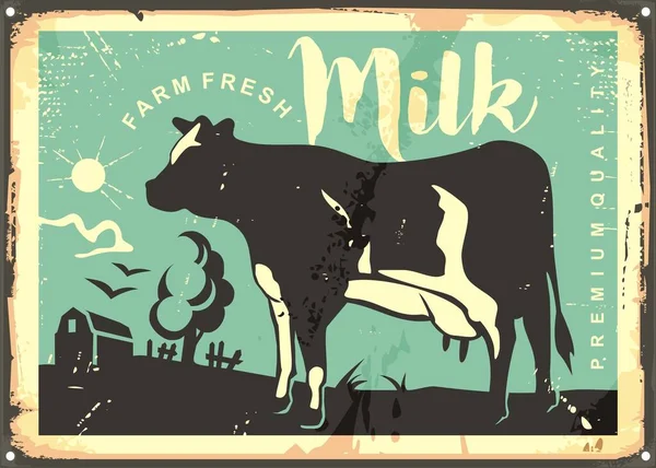 Farm Φρέσκο Γάλα Vintage Σχέδιο Πινακίδας Vintage Αγελάδα Γραφικό Τοπίο — Διανυσματικό Αρχείο