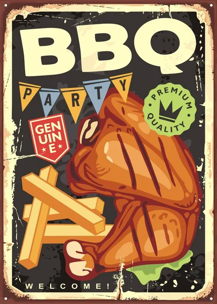 Tambour Poulet Sur Barbecue Avec Frites Laitue Verte Rétro Étain — Image vectorielle