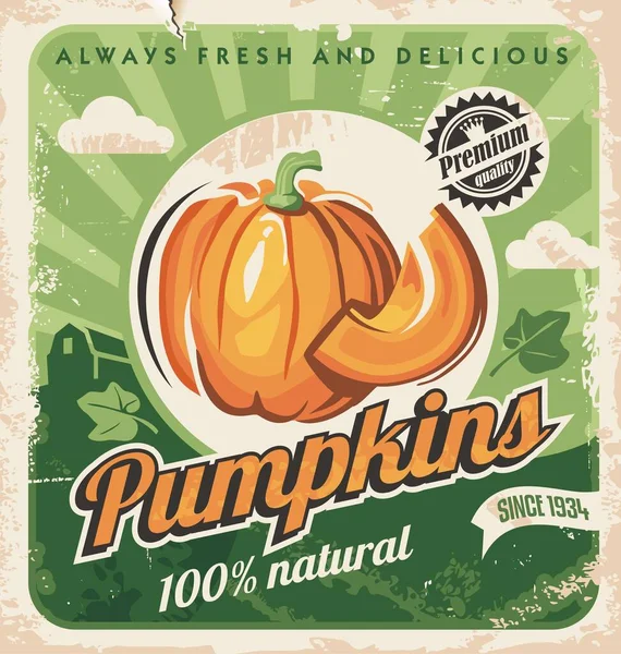 Farm Fresh Pumpkins Retro Poster Design Autumn Season Harvest Theme — Stock Vector
