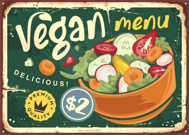 Vejetaryen menü retro reklam tasarımı ve sağlıklı sebzelerle dolu bir salata kasesi. Antika vitamin yiyeceği tabelası fikri. Vektör illüstrasyonu.